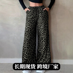 european and american style satin casual pants - spring high-waisted leopard print loose straight-leg satin wide-leg trousers wholesale