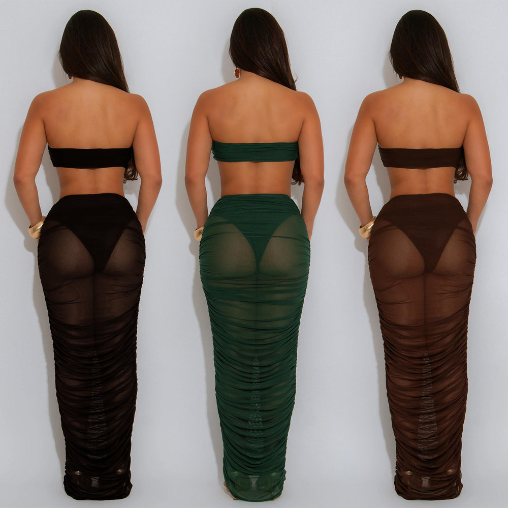 C7529 cross-border   fashion women's sexy bandeau see-through mesh maxi dress two-piece set