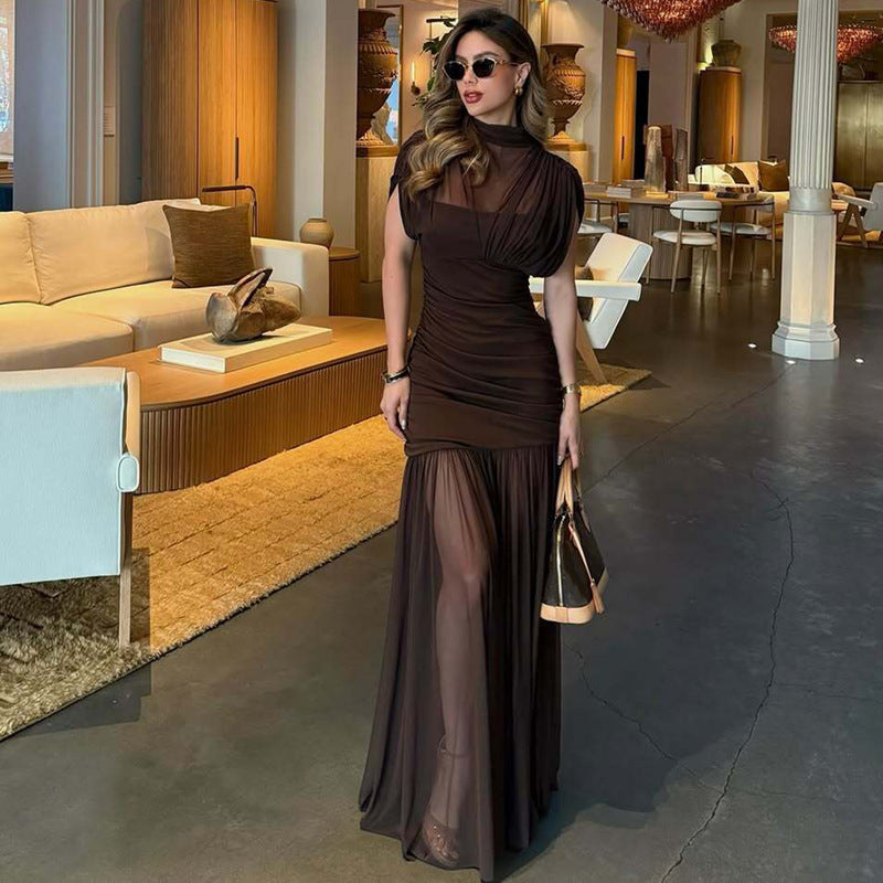Amazon cross-border fashion women's winter new sexy waist-cinching patchwork mesh bodycon maxi dress