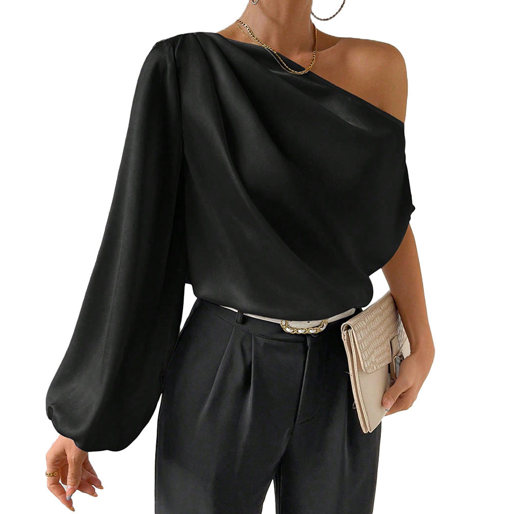european and american women's clothing  fall/winter elegant one-shoulder long sleeve sexy off-the-shoulder loose fit asymmetrical neckline designer top