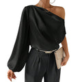 european and american women's clothing  fall/winter elegant one-shoulder long sleeve sexy off-the-shoulder loose fit asymmetrical neckline designer top
