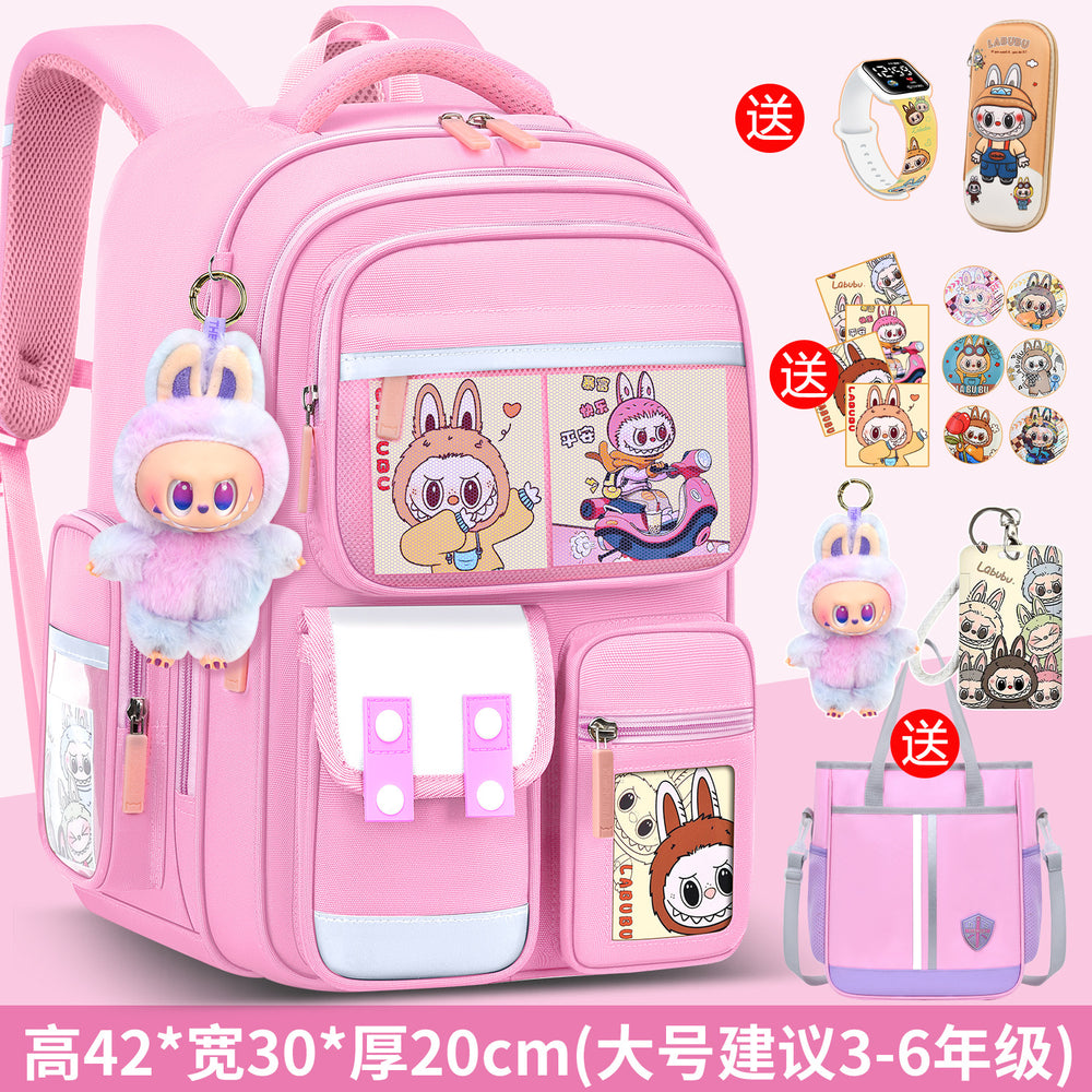 2026 new labubu backpack for girls, elementary school students grades 1-6, boys' lightweight kids' backpack, spine protection, and weight reduction