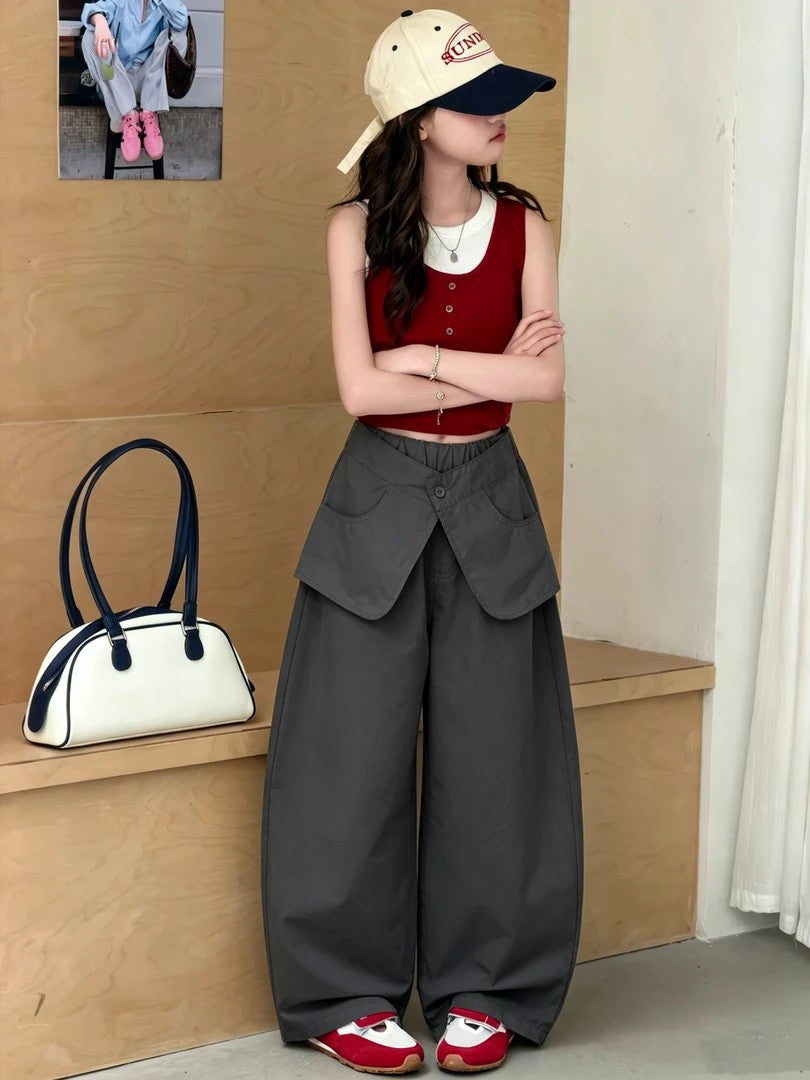 【100% cotton】super cute girls' wide-leg casual summer pants - faux two-piece, loose fit, scalloped hem, breathable and versatile