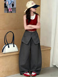 【100% cotton】super cute girls' wide-leg casual summer pants - faux two-piece, loose fit, scalloped hem, breathable and versatile