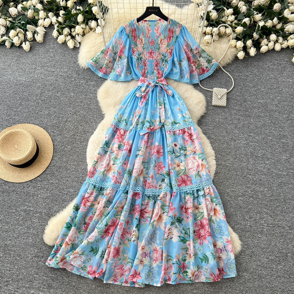 French riviera style printed short-sleeve pleated dress - women's summer v-neck, cinched waist, tie-up maxi dress - high-end, slimming fit