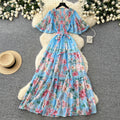 French riviera style printed short-sleeve pleated dress - women's summer v-neck, cinched waist, tie-up maxi dress - high-end, slimming fit