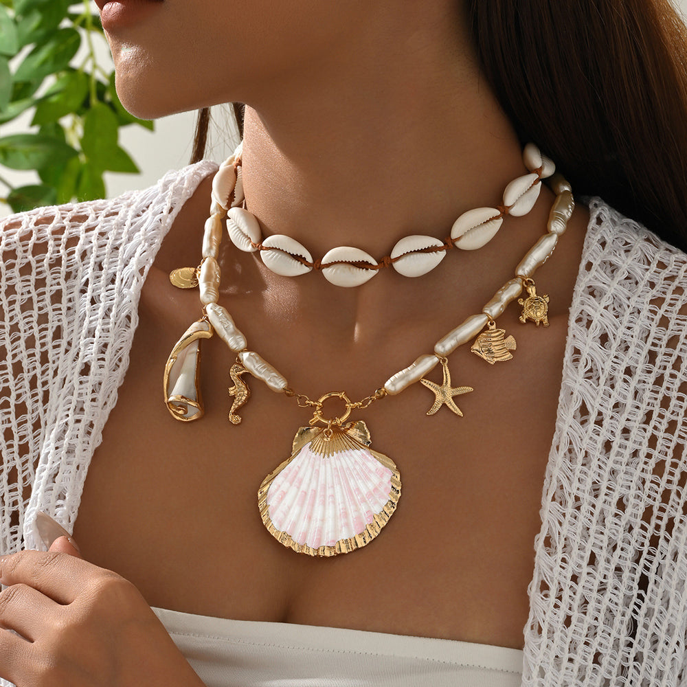 Bohemian shell necklace wholesale cross-border niche irregular holiday style stacked starfish imitation pearl clavicle chain