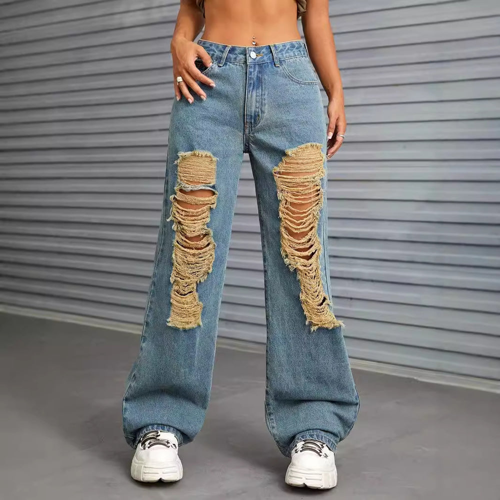 In-stock - 65056##  cross-border fashion women's casual versatile distressed wide-leg denim jeans