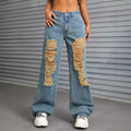 In-stock - 65056##  cross-border fashion women's casual versatile distressed wide-leg denim jeans