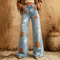 Fashionjeans women's light blue washed pumpkin ghost skull printing high waist slightly flared denim pants export