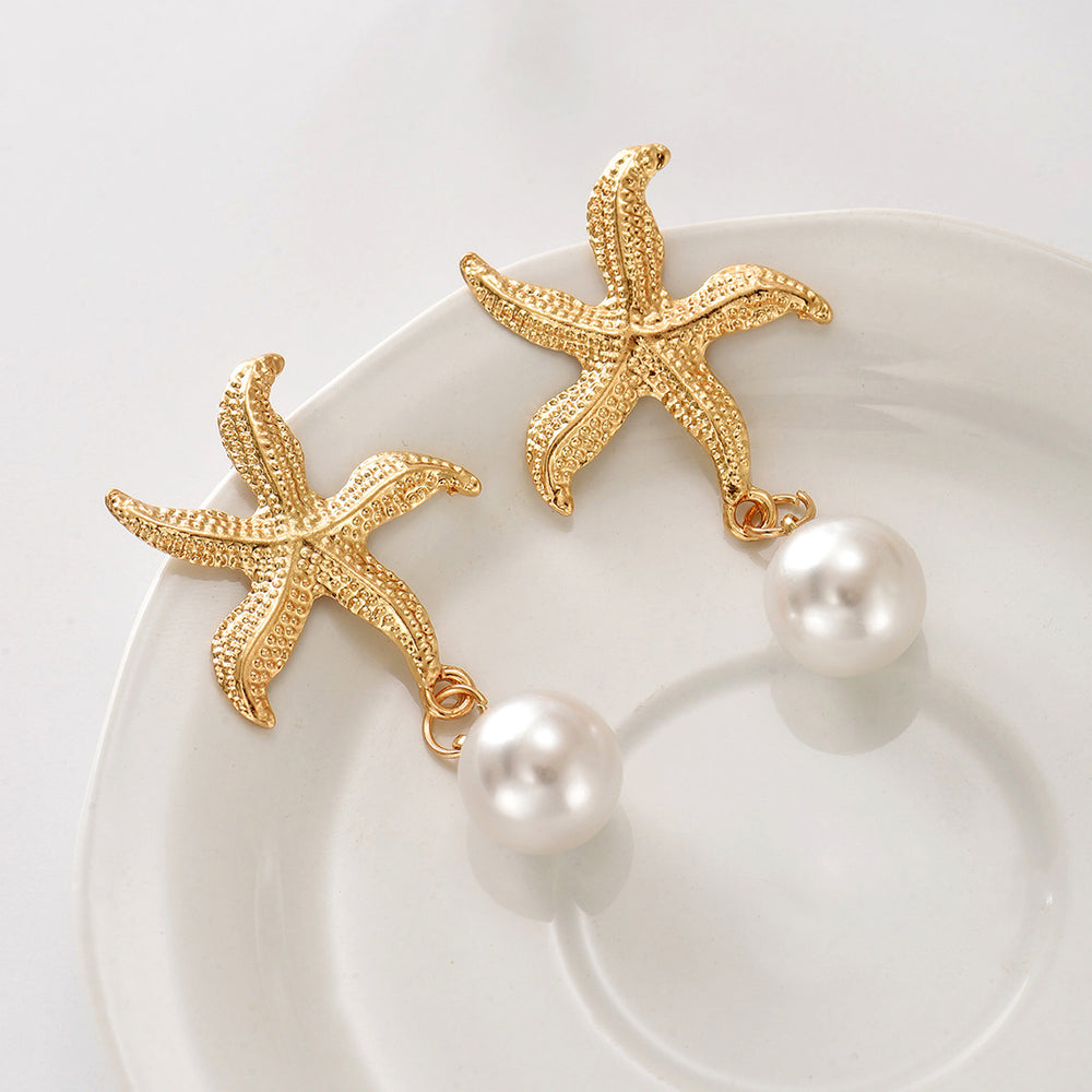 Wholesale faux pearl earrings - european & american style, starfish dangle earrings for women, unique & exaggerated, niche & affordable luxury, autumn/winter gold stud earrings