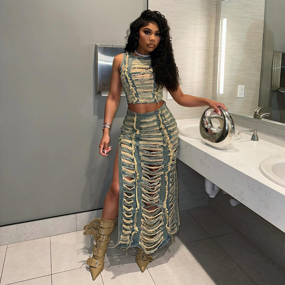 European and american women's denim set - cross-border fashion, trendy & unique hand-worked distressed vest with high-slit denim skirt