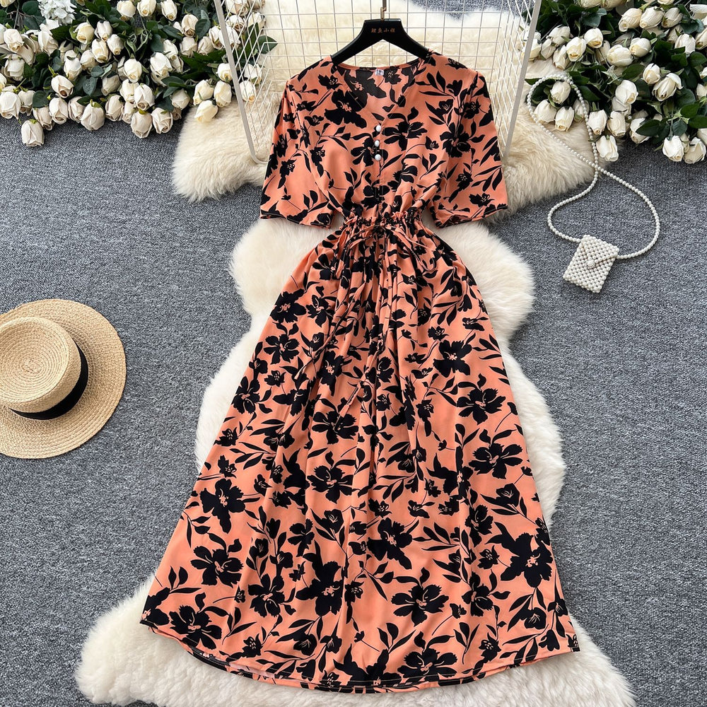 Frenchretrov neck drawstring waist short-sleeved printingdress women's summerslimming lookelegantretro over-the-knee long skirt