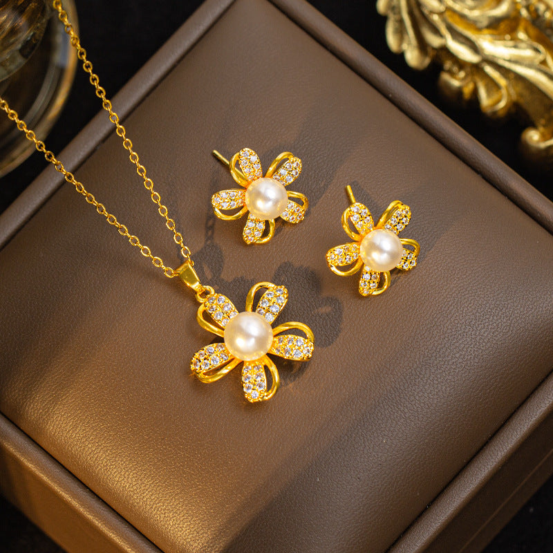 【set】new pearl five-petal flower titanium steel necklace for women with diamond pendant and stud earrings - niche fashion, affordable luxury jewelry set
