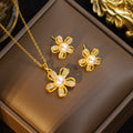 【set】new pearl five-petal flower titanium steel necklace for women with diamond pendant and stud earrings - niche fashion, affordable luxury jewelry set