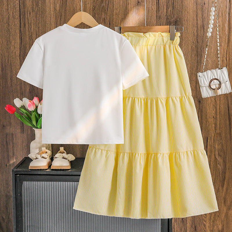 girls' summer new collection: 3d bow short-sleeve top & bohemian tiered skirt set