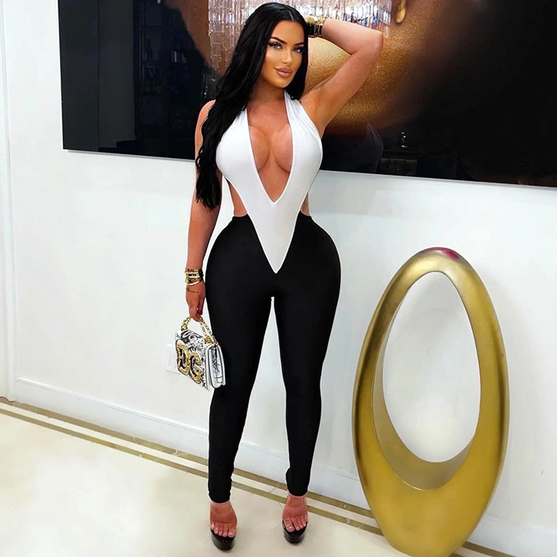 European and american clothing  hot selling european and american cross-border women's clothing hot girl style color matching deep v halter tie-up one-piece pants