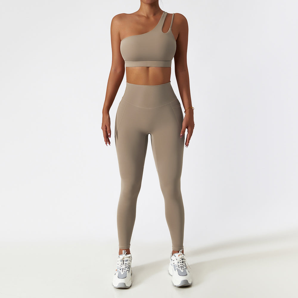 breathable quick-drying tight-fitting yoga clothes flap pocket pants running sports suit diagonal shoulder naked fitness suit6425