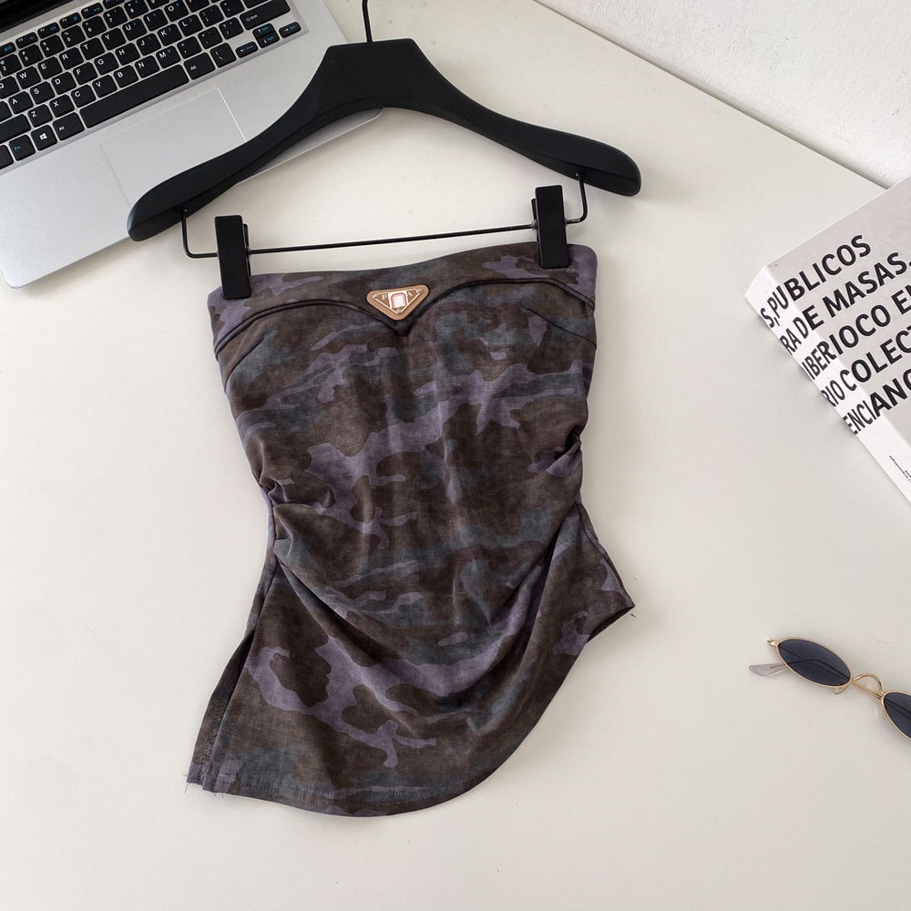 Sexy hot girl style camouflage tube top vest women's summer silm waist slimming lookwork clothing beautiful back suspender tops