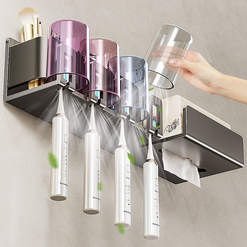 Toothbrush rack without punching gun gray bathroom tooth cup mouthwash cup storage wall-mounted paper towel holder all-in-one