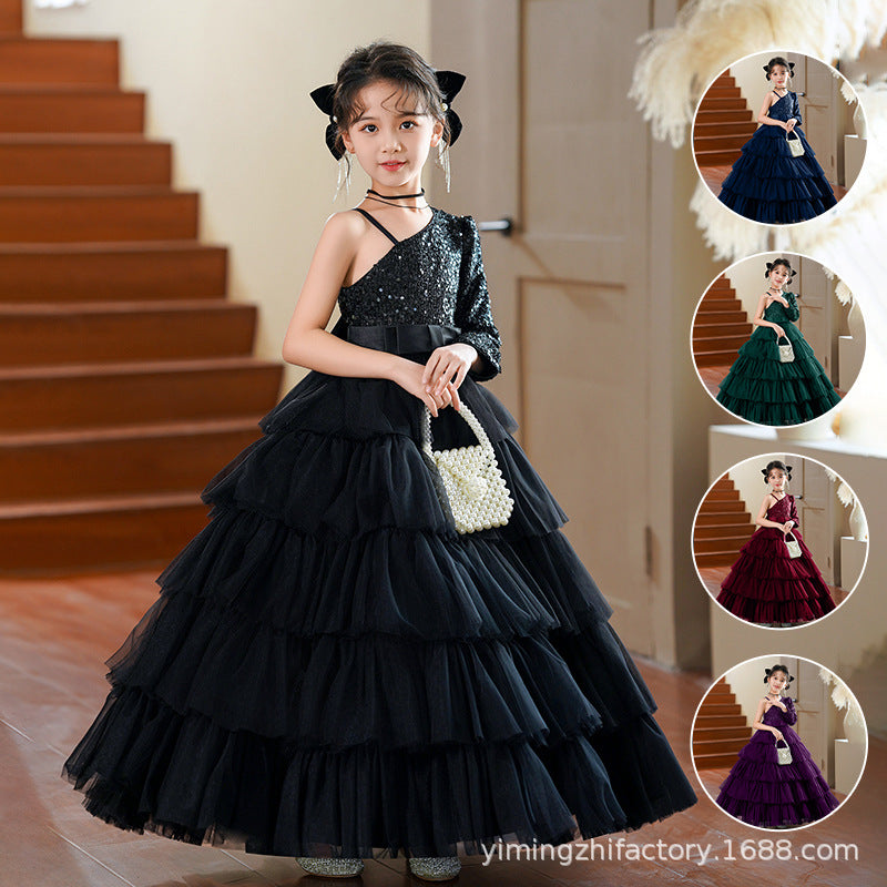 Custom european and american children's formal dress tulle cake princess dress off-the-shoulder girl's dress for piano performance