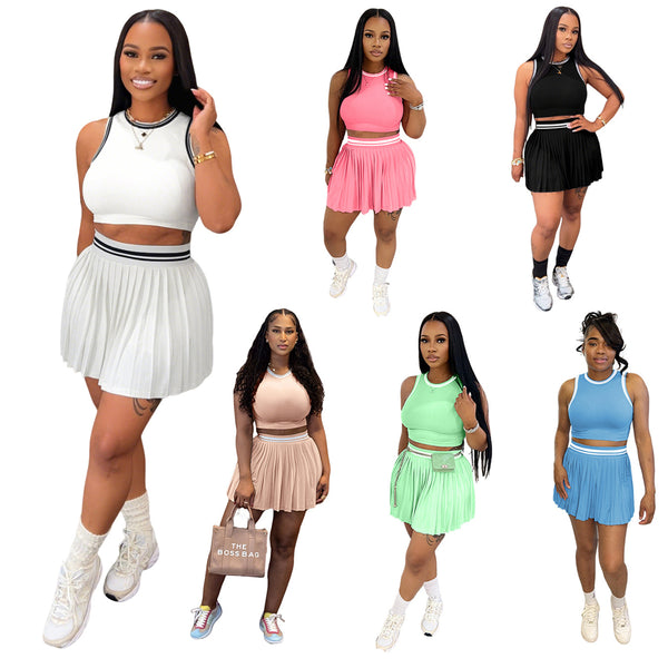 M3089 European and American  women's clothing   sleeveless short vest casual pleated skirt set