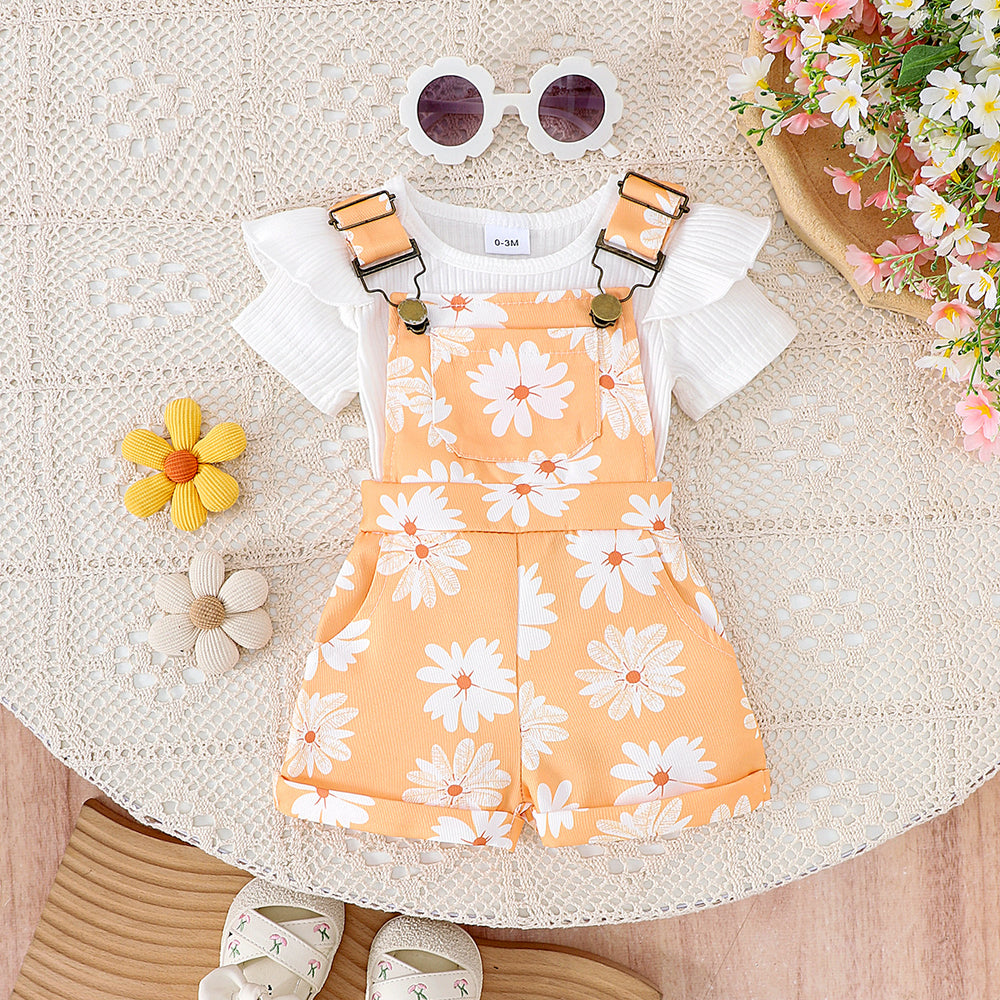 Amazon spring new girls' baby outfit set: solid color short-sleeve top with printed overalls two-piece set