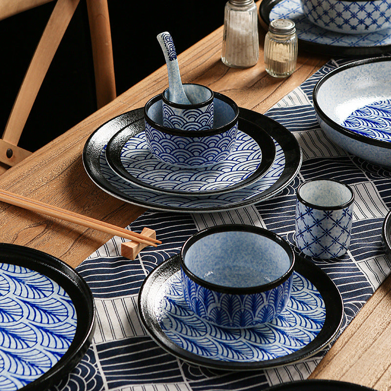 Japanese blue pattern soup bowl for home creative ramen bowl student dormitory instant noodle bowl rice bowl salad bowl retro bowl