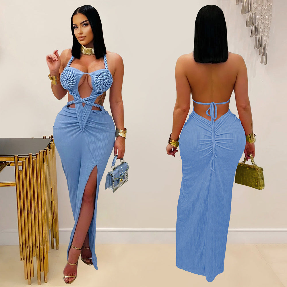 C7407 cross-border   fashion women's sexy knitted halter backless solid color dress