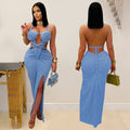 C7407 cross-border   fashion women's sexy knitted halter backless solid color dress