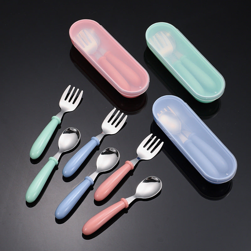 Cross-border 304 stainless steel children's tableware spoon fork box three-piece set baby feeding tableware mother and baby gifts