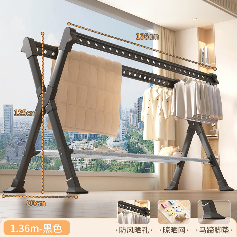 Foldable clothes drying rack - floor standing, indoor/outdoor use - aluminum alloy, extendable rod, perfect for balconies, bedrooms, and outdoor use - quilt drying solution