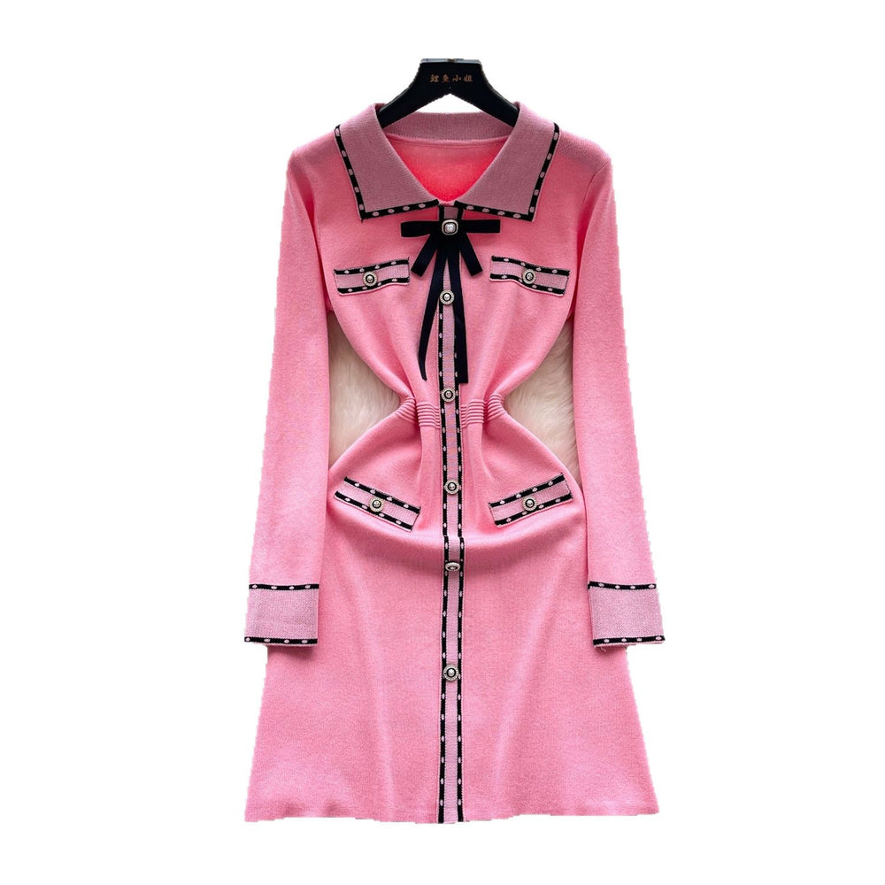 French retro chic color block polo collar long sleeve knit dress with metal buckle waist detail - slimming and elegant