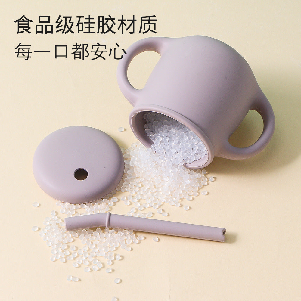 Wow kids food grade silicone double ear cup cross-border hot selling baby double handle straw water cup anti-fall milk cup