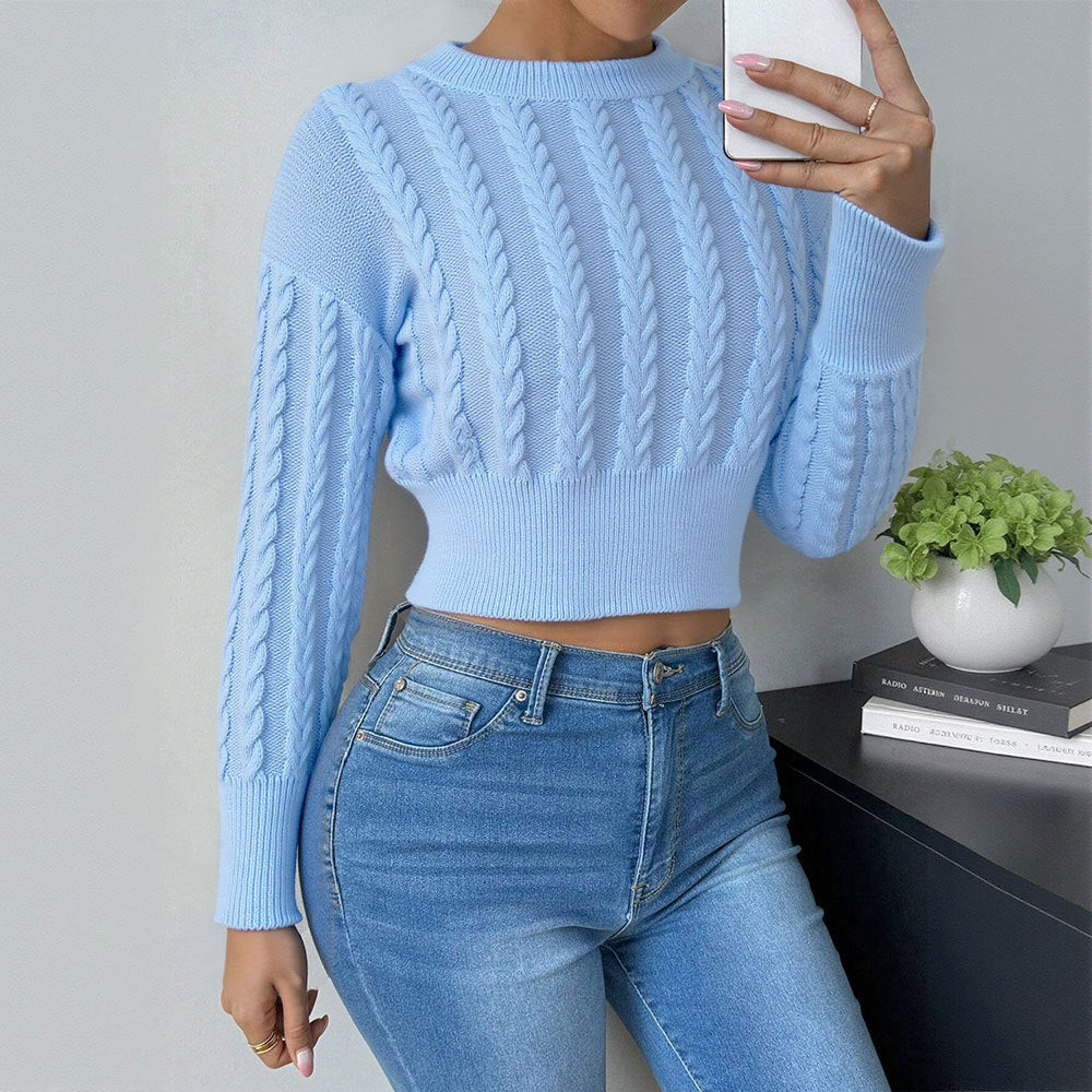 Cross-border European, American autumn and winter new women's clothing, crew neck short wool top pullover college style ins long-sleeved sweater