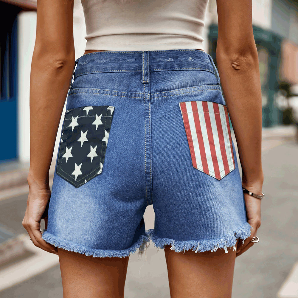 European and american cross-border women's fashion: new  style american flag print, washed, distressed, single-breasted denim shorts - trendy women's style