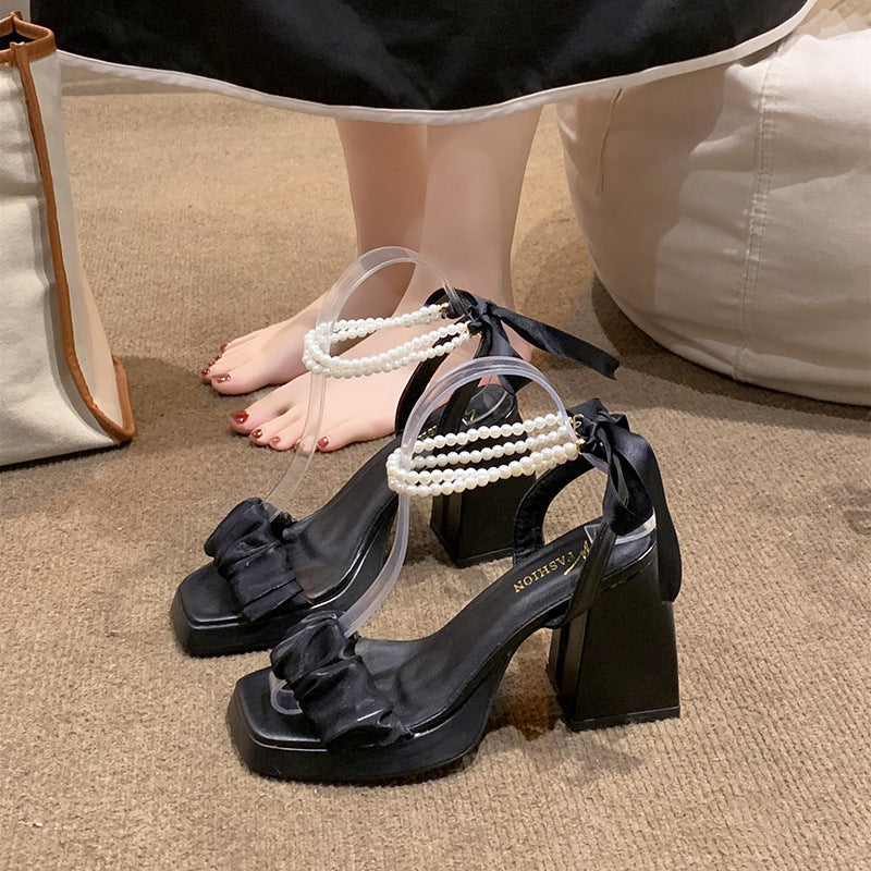 Mesh high heels women's summer 2025 new collection chunky heel crystal french fairy pearl roman sandals - instagram style