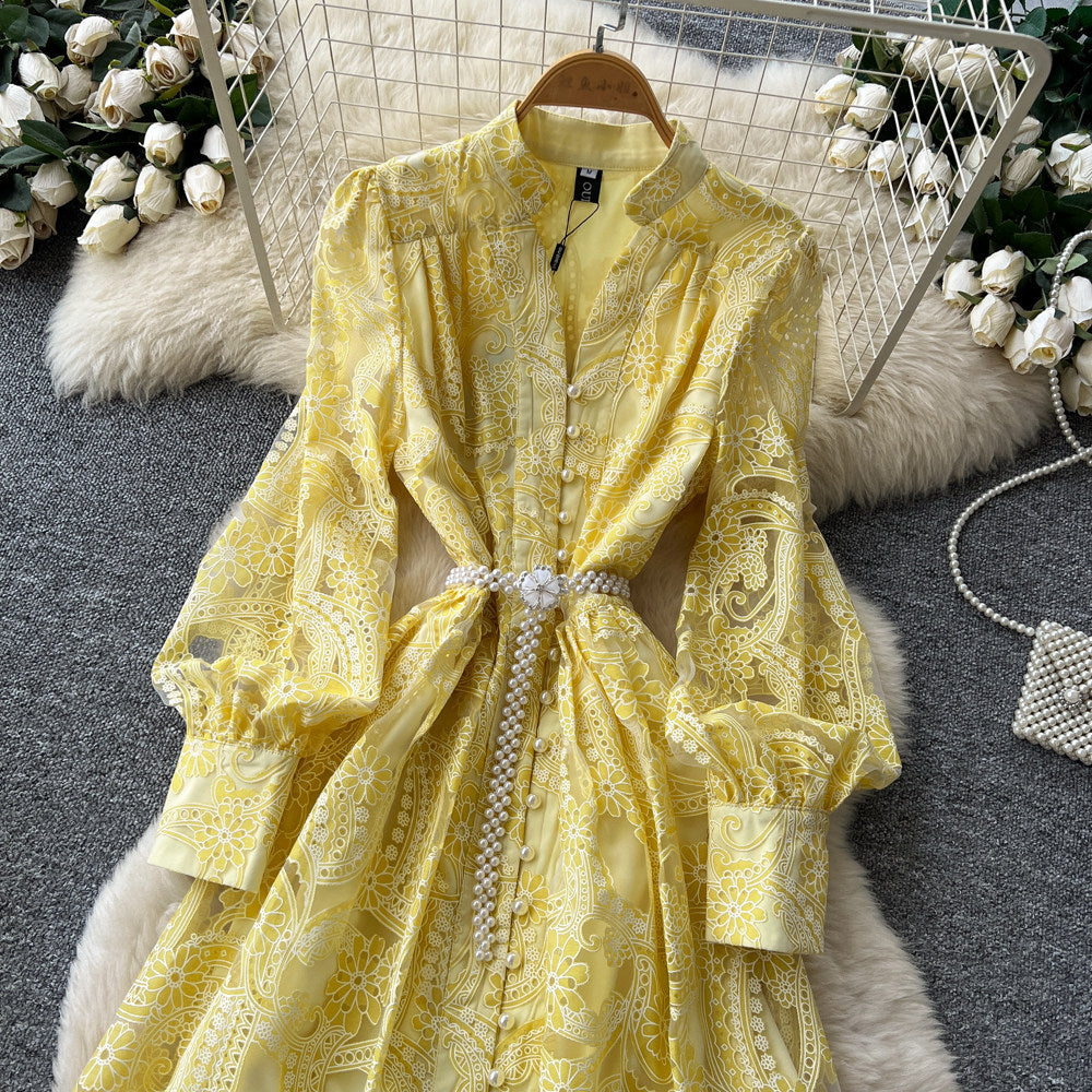Accessible luxuryclassyheavy industry mesh embroidercut outdress women's long sleeves waist slimming lookwork clothingelegancea-line skirt