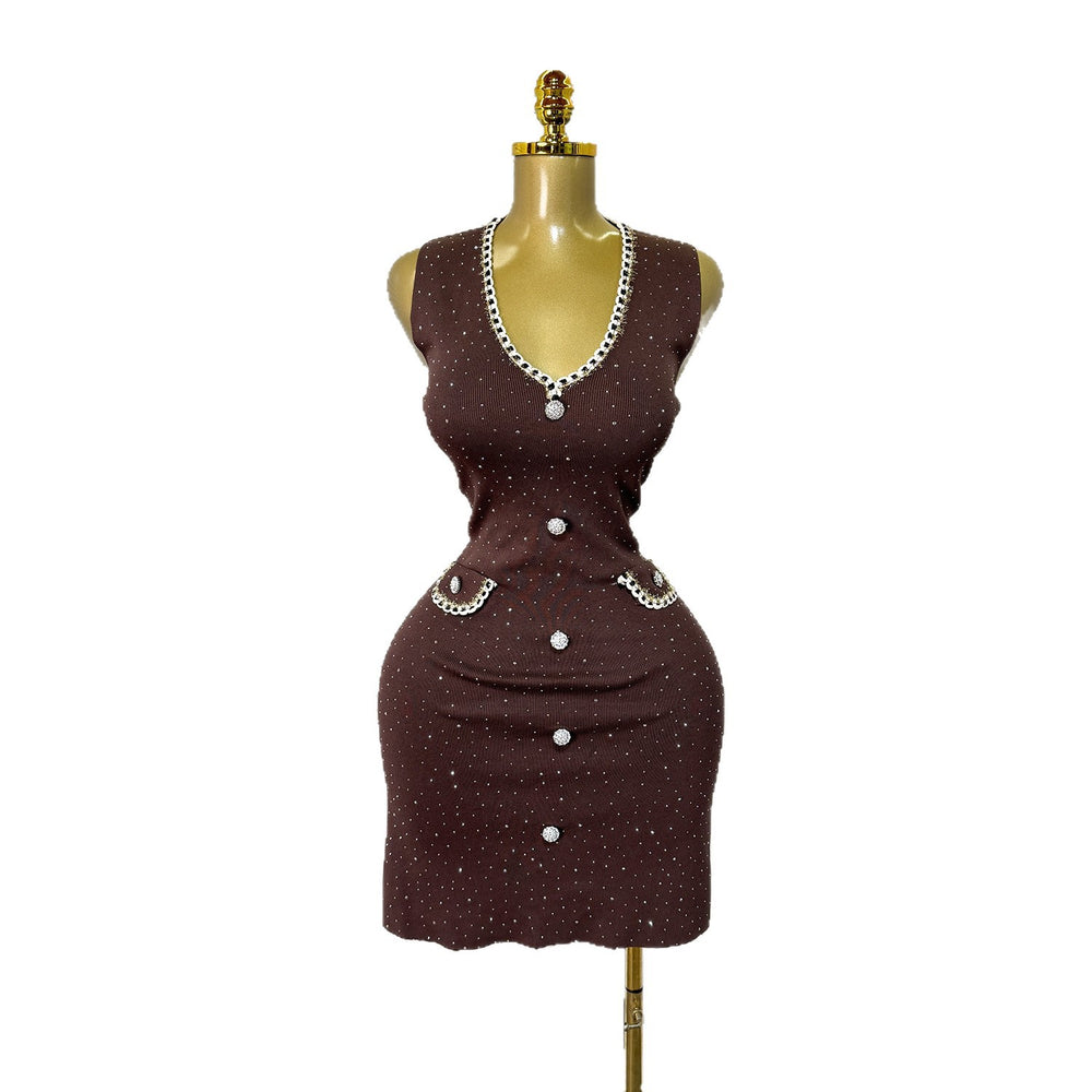 export tweed style sleeveless fine glitter knittingdress women's hot diamond button waist slimming lookknitting short skirt