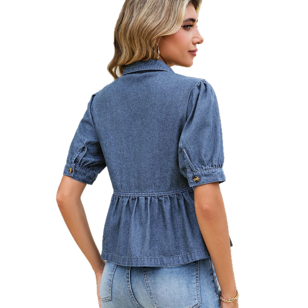 Fashion cross-border women's dark blue denim doll shirt tops lapel single-breasted puff sleeves waist rufflesshirt