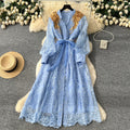 Elegant and sophisticated embroidered beaded sequin floral v-neck lantern sleeve single-breasted waist-cinching slimming embroidered dress for women