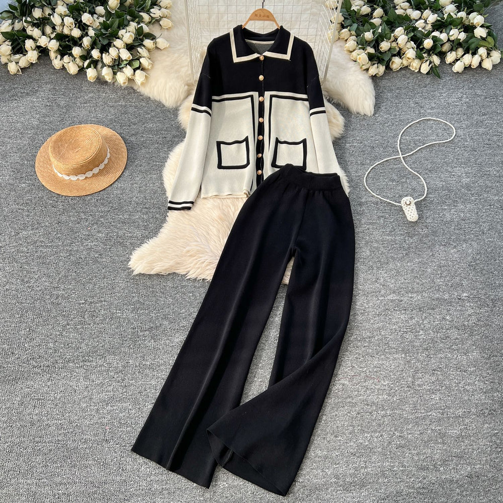 High-end suit for women, lazy style, fashion contrast color, metal buttons, lapel, long sleeves, knitting shirt, high waist, wide leg pants