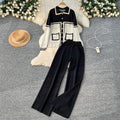 High-end suit for women, lazy style, fashion contrast color, metal buttons, lapel, long sleeves, knitting shirt, high waist, wide leg pants