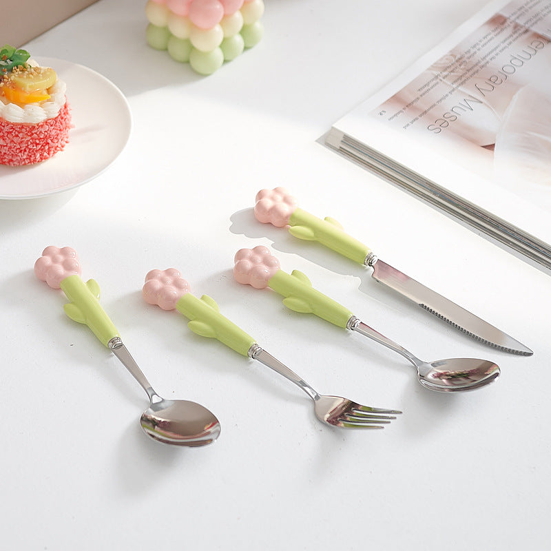 Creative stainless steel cutlery with ceramic handles - kids' dessert forks, multi-purpose western dinnerware, sunflower steak knife
