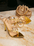Gold stiletto heel women's shoes - fashionable pointed-toe party & evening sandals with buckle detail and split toe design