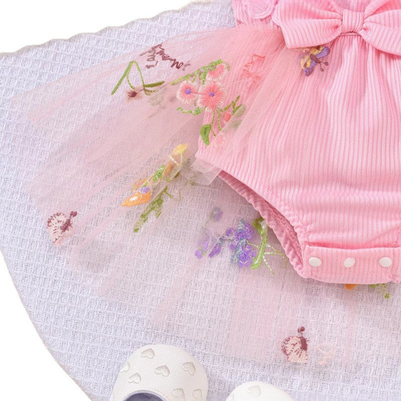 Baby girl party outfit cute ribbed knit & mesh romper with headband set