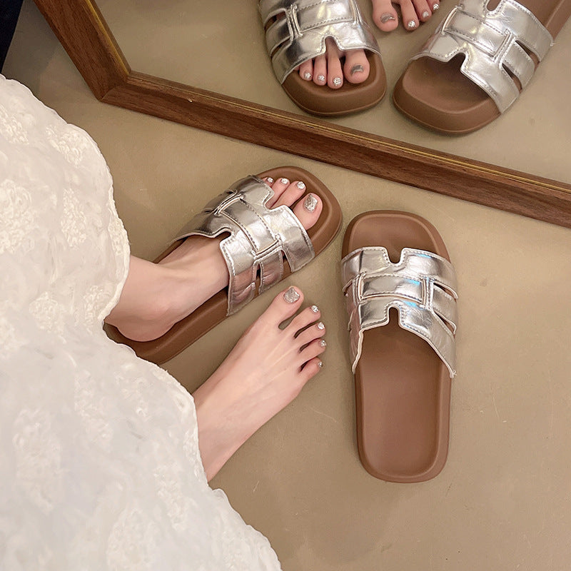 Casualthick sole sandals women's new arrival woven frenchfashionelegantcasual one-line beach soft bottom slippers for women