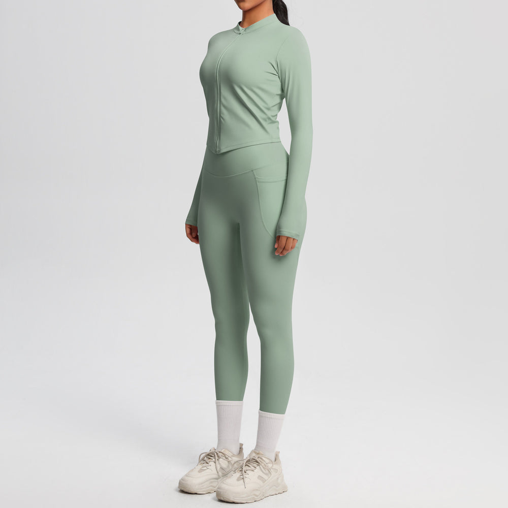nude double-sided brushed tight long sleeves yoga suit outdoor running slimming look fitness pants sports suit women