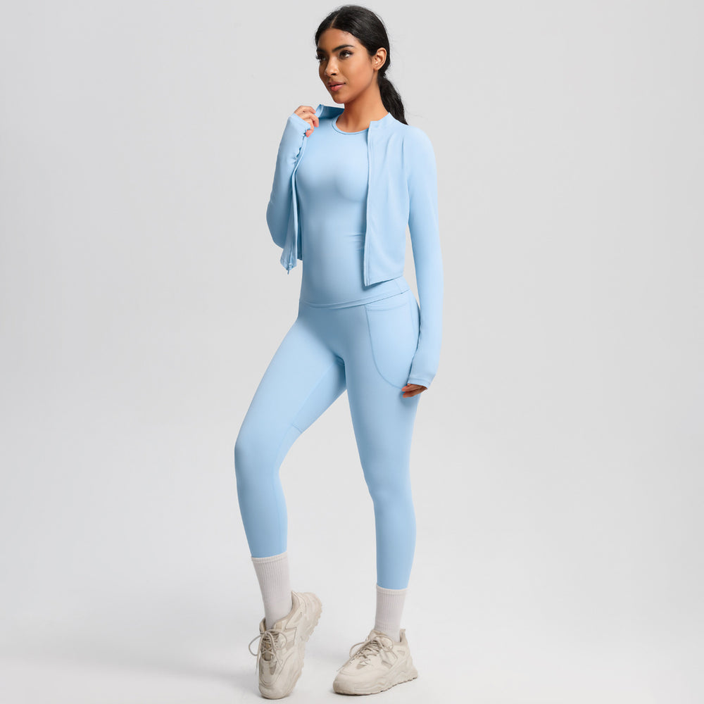 Cloud-soft slim-fit brushed nylon pocket pant set - quick-dry, breathable yoga, running, and fitness activewear three-piece set