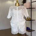 European and american cross-border women's fashion  summer new collection: stylish round neck hollow-out short sleeve shirt and wide leg shorts casual set